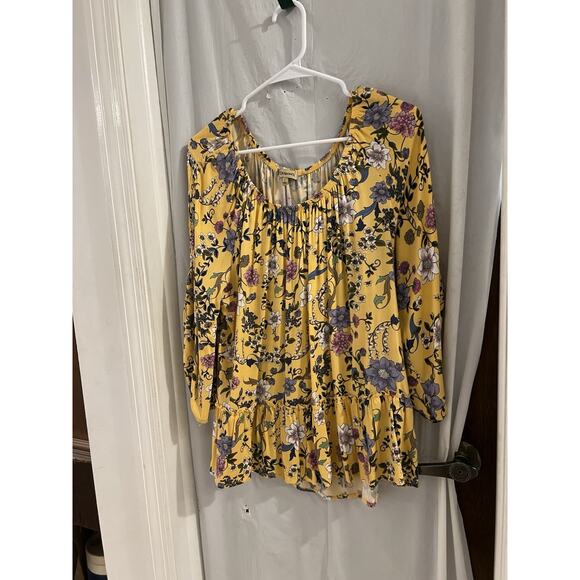 Democracy Yellow Floral Peplum Waist Peasant Top Sz L Cottage Boho - Picture 1 of 8